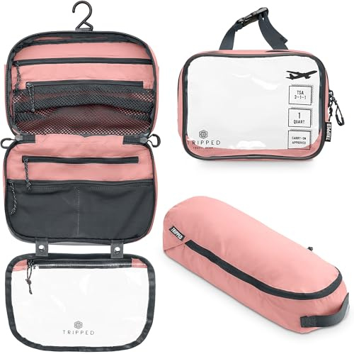 Toalettväska kit set: hängande resenecessär + 311 TSA kosmetisk vätskepåse + ultralätt tillbehörsorganiseringspåse, Rosa, Carry-on quart size, 3-delat toalettset | Inkluderar hängande toalettväska, 311 TSA flytande väska och tillbehörsorganiseringspåse med lätt ripstop-konstruktion