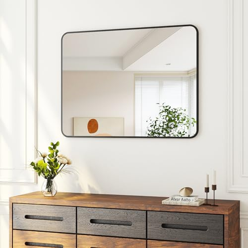 Boromal Badspiegel 40x60cm Spiegel Schwarz Badezimmerspiegel Vertikal/Horizontal Dekorative Wandspiegel für Badezimmer, Wohnzimmer, Gäste WC, Schwarz