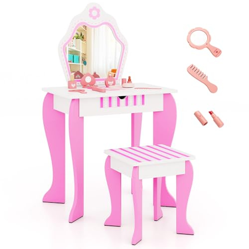 COSTWAY Coiffeuse Enfants avec Miroir Amovible et Tabouret,Table Maquillage 2 en 1 de Style Princesse en Bois avec Motifs de Fleurs Mignons,Cadeau pour Fille 3-7Ans,Rose…