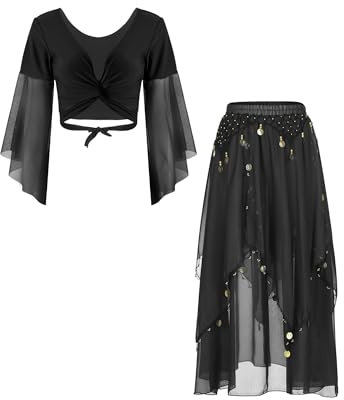 TiaoBug Damen Bauchtanz Kostüm Oberteil und Rock Trompetenärmel Jäckchen Knoten Top Shirts Bluse + Chiffon Tanzrock mit Münze Quasten Schwarz Einheitsgröße