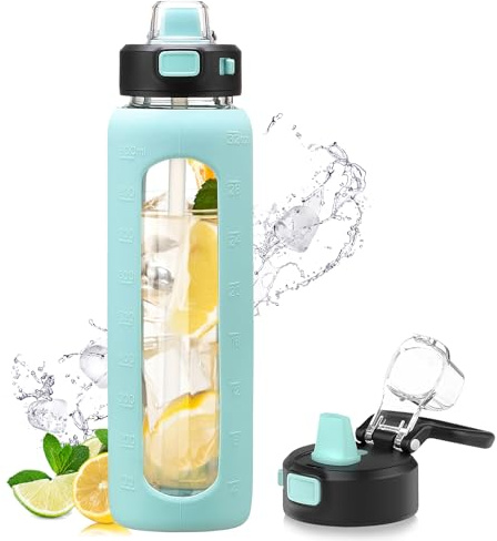 Kodrine 32 oz Glass Water Bottle with Straw and Carry Loop, One-Touch Leakproof Locking Lid, Reusable Drinking Bottle with Time Marker for Travel Home Gym Sports (light Blue)