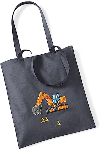 minimutz Jutebeutel bedruckt mit Bagger Baustelle | Stofftasche aus Baumwolle für Jungen | Kinderbeutel Tragetasche für Krippe, Kindergarten, Schule | nachhaltig & umweltfreundlich
