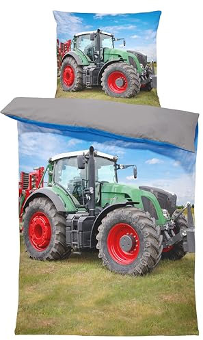 one-home 4 teilig Bettwäsche 135x200 cm Traktor Trecker Landmaschinen grau Microfaser