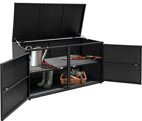 TANGZON 2-Tier Garden Storage Box, 2-Way Opening Rattan Deck Box Chest with Flip-Top Lid, Outdoor Weatherproof Storage Organiser with Metal Frame for Toy Cushion Poolside Patio Balcony (Black)