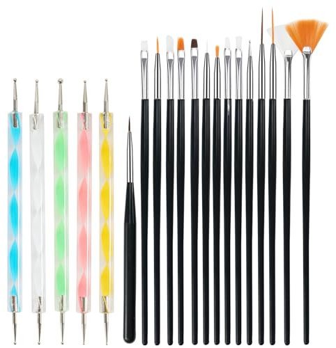 Cheerhom Set di 20 pennelli per unghie con strumento Dotting, pennelli per unghie in gel, set di pennelli per nail art, pennelli per nail art