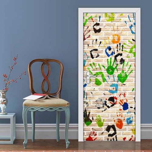 Türtapete Selbstklebend Graffiti-Handabdruckkunst 90 X 200 Cm Tür Türtapete Selbstklebend Türposter,Fototapete Selbstklebend 3D Pvc Türaufkleber Diy Türbild,Türfolie Poster Tapete - Türwandau 0