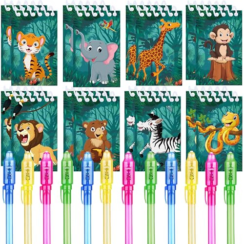 REAGAR Dschungeltiere Party Geschenke, 12 UV unsichtbare Tinte Stift und 12 Dschungeltiere Notizbuch, Dschungeltiere Geburtstagsgeschenke für Kinder