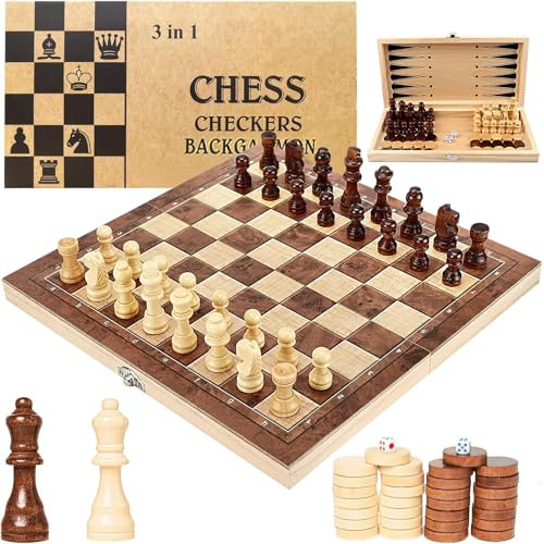 Qintora 3 in 1 Schachspiel Holz, Backgammon und Reiseschach Chess Board, Faltbar Schach Set, Ideal Schachbrett für Kinder und Erwachsene, 29 x 29 cm