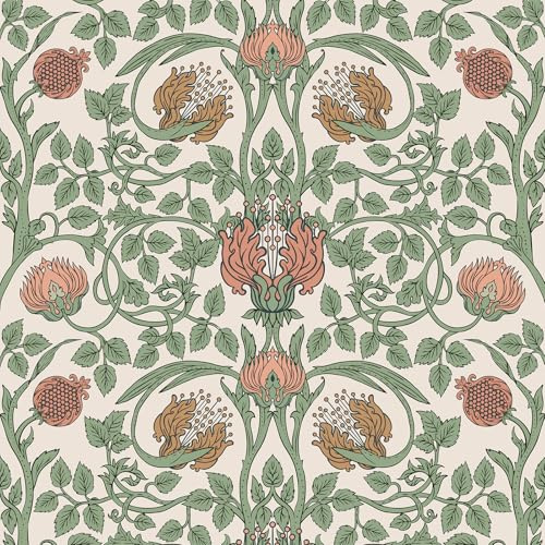VEELIKE Papel tapiz retro floral para despegar y pegar, papel tapiz bohemio Art Nouveau para dormitorio, baño, paredes decorativas de 17.7 x 118 pulgadas, papel tapiz extraíble William Morris