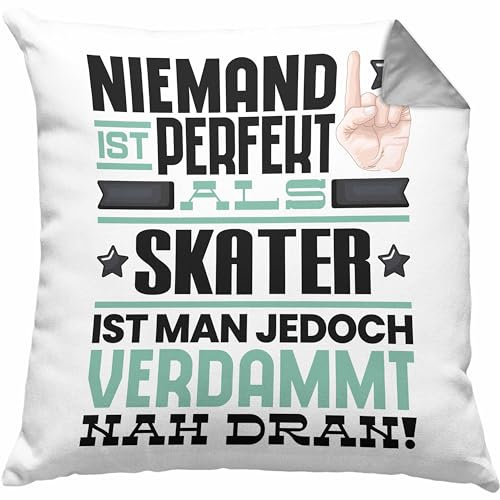 Trendation Skater Geschenk Kissen mit Füllung 40x40 Lustige Geschenkidee für Skater Geburtstag Niemand Ist Perfekt Aber Als Skater Ist Man Nah Dran (Grau)