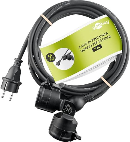 goobay 65434 Outdoor Doppel - Verlängerungskabel/Stromkabel für den Außenbereich / 2 Schuko - Steckdosen mit Schutzklappen (IP44) / 3680 W bei 250 V (AC) und 16 A / 5m