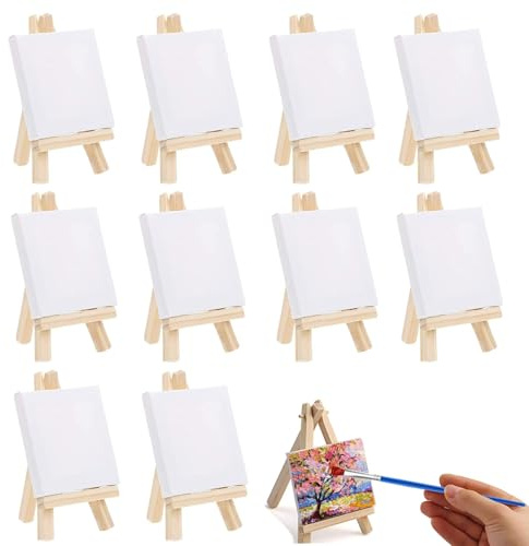 Mini Staffelei Holz, 10 Stück 10x10cm Mini Leinwände, Mini Staffelei Set, Kleine Tischstaffelei Holz StäNder Stativ Zum Zeichnen, StäNder Stativ Zum Zeichnen, Tisch Deko, Basteln