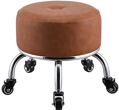 GAROEN Hocker, Sattelhocker, Kleiner Hocker, Rollhocker, runder, niedriger Hocker aus PU-Leder mit 5 Rädern, Dicke Sitzpolsterung (braun, 1 klein)