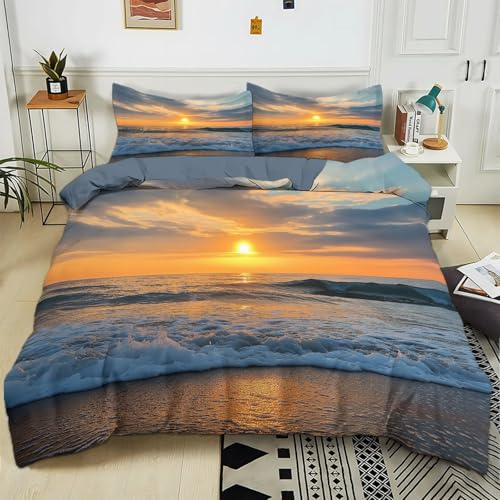 Generico Set di Biancheria da Letto 3D 260x240 cm Tramonto Vista Mare Set Copripiumino Matrimoniale in Policotone con Federa e Copripiumini a Cerniera, Morbido Ipoallergenico