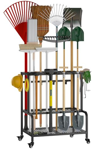 Aibiju Garden Tool Organizer with Wheels, Power Tool Organizer and Storage with Hooks, Garden Tool Hanger, Lawn and Yard Tool Organizer for Shed Basement and Garage,Load up 60 tools,Black YD-TL001B