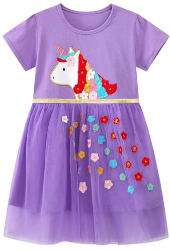 Baogaier Ragazza Vestito Cotone Abiti Bambina Animali Modello Stampa Ricamo Casual Eleganti Manica Corta Estivo Tunica Camicia Festa Paillettes Tulle T-shirt Magliette Top Abito Bimba 2 3 4 5 6 7 Anni