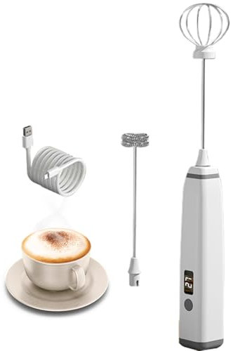 Liuer Milchaufschäumer, mit 2 Köpfen, per USB wiederaufladbar, Hand-Milchaufschäumer, 3 Geschwindigkeiten und LED-Display für Latte, Cappuccino, heiße Schokolade, Ei