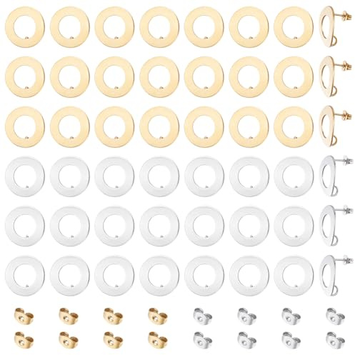 GOMAKERER 16 paio di Perni per Orecchini In Acciaio Inossidabile con Passante, Accessori per Orecchini A Bottone Tondo Piatto In Oro e Argento con Chiusure per Orecchini per La Creazione di Gioielli