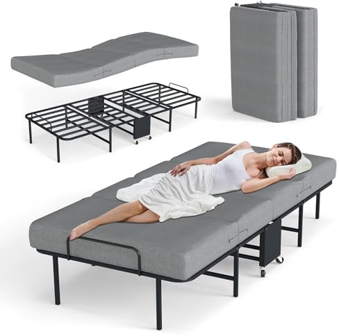 Fabulis Folding Beds with Mattress, Portable Foldable Bed for Adults, Roll Away Bed Guest on Wheels, Memory Foam Mattress and Metal Frame, Space Saving Fold Up for Easy Storage, 75 x 38