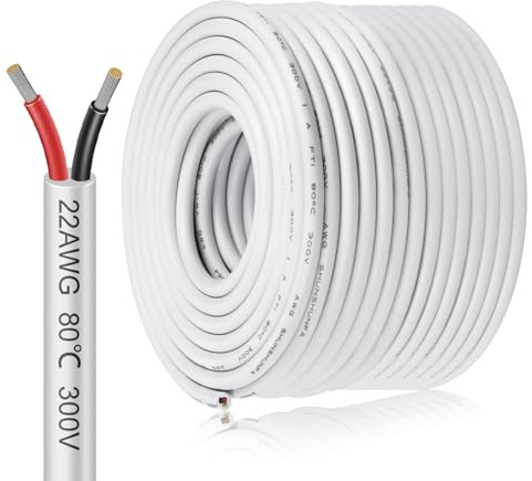 inShareplus 22AWG 2x0.3mm² 50 Meter Electrical Wire 2 Core Cable, 5V/12V/24V White Tinned Copper Wires, 22 Gauge 300V Flexible and Soft Outdoor Cable High Temperature Resistant Extension Wire