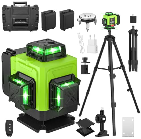 Niveau laser 4 x 360°, Niveau Laser Vertical Horizontal Autonivelant, Verte Niveaux avec Autonivelant de Fonction, avec 2 * Batteries rechargeables 2600 mAh (2x4800mAh-avec trépied)