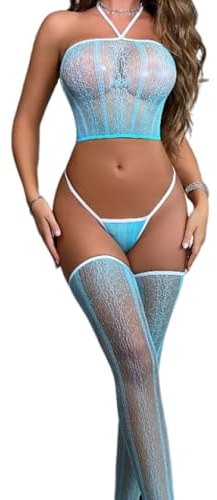 PARUPRUP Damen Bodystockings Catsuit Sexy Reizwäsche Netzbody Cut Out Ärmellose Nachtwäsche (Blau)