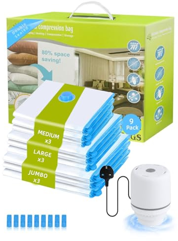 Ellasasuxi Vacuum Seal Bags for Clothing with Electric Pump,9 Combo | Reusable Vacuum Storage Bags,Space Saver Sealer Compression Bags Transparent for Travel,Luggage,Moving,Clothes,Duvets Storage