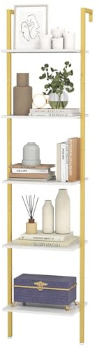 CASART 5-Tier Ladder Shelf, Wall Mounted Bookshelf Display Rack, Metal Frame Open Storage Shelving Unit Plant Stand Bookcase for Living Room Bedroom Kitchen Office (43 x 30 x 178cm)