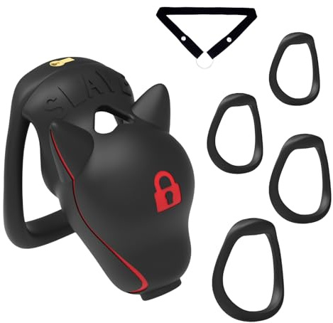 Chastity Cage Hundekopf Design für Männer mit 4 Ringen und Schloss Nylon Keuschheitskäfig mit Urinloch Belüftet Leicht BDSM Käfig (Black+belt)
