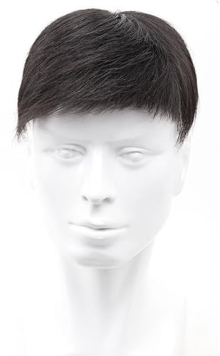Tingyilan Herren Hair Tropper Natürliche Schwarz Kurze Männer Topper Perücke Echthaar Toupet Ersatzsysteme mit 4 Clips & 10 doppelseitigen Bändern,Short,16x18cm