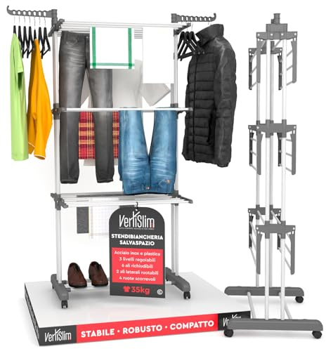 VertiSlim Dry Stendibiancheria Verticale 4 Livelli Stendino Salvaspazio - Stendipanni a Torre in Acciaio Inossidabile - Richiudibile con Ruote e Ali Laterali - Colore Grigio per Interno Esterno