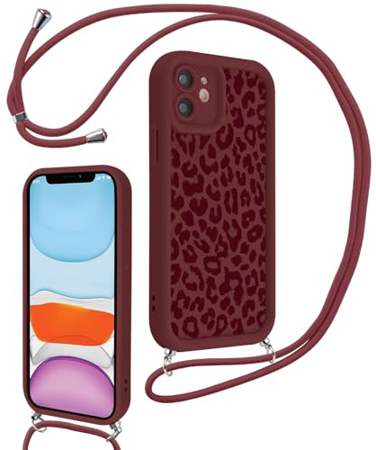 Xylota Coque avec Cordon pour iPhone 11, Aesthetic Léopard Motif Etui avec Réglable Collier Souple Silicone Corde Caméra Protection Bumper Case, Lanyard Antichoc Housse pour iPhone 11 6,1'', Bordeaux