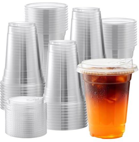 Goodluck Plastic Cups with Lids | 50 Pack 12oz/340ml Clear Cold Drinks Iced Coffee Plastic Cup for Smoothies,Milkshakes,Iced Tea-Summer,Party,Picnic,Takeaway
