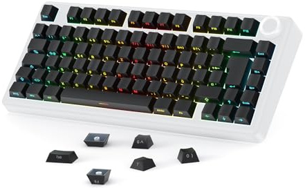 OMOTON Deutsches PBT Sideprinte Cherry Profil Tastenkappen, Schwarz | 127 Tasten PBT ANSI/ISO Layout Doppelshot Keycaps für 61/68/84/87/96/108 MX Switches Mechanische Tastaturen