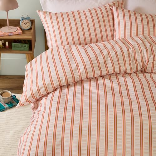 Duvet Day Hettie Duvet Cover Set – Reversible Ultra Soft Striped Seersucker Effect Bedding Set (Orange/Pink - Double)