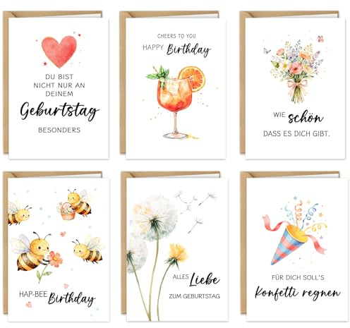 Geburtstagskarten mit umschlag 12er Set, DIN A6 Hochwertig Geburtstagskarte Klappkarten, Happy Birthday Karte, Karten Geburtstag für Frau Mann Freund Freundin Kollegen, Glückwunschkarten Aquarell