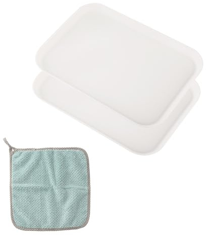 2 Pcs Rectangular Serving Trays 7.9x5.9 Plastic Tray with Cleaning Cloth Reusable Small Food Tray Wheat Plates for Snack Cake Fruits Salad (White, XS(7.9 * 5.9inch))