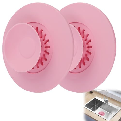LUCTHY 2 Pcs Silicone Bath Plug Hair Catcher, Universal Bathtub Stopper | 2-piece tub drain cover stopper and hair catcher. Universal fit for bathtub, basin, kitchen sink. Press-down design. Pink