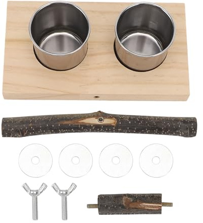 Vogelkäfig-Futterstation mit Sitzstangenständer, Edelstahl-Papageienkäfig-Futternapf, Holz-Sitzstangenständer, Futternapf für Sittiche, Nymphensittiche