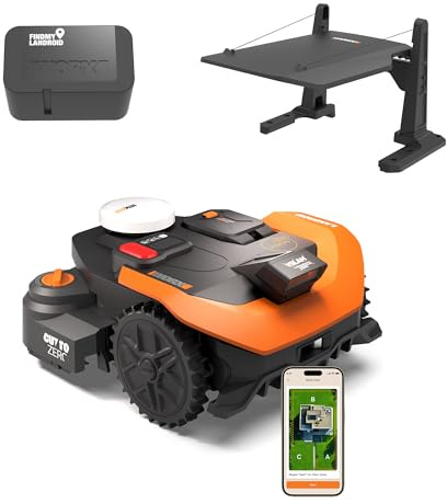 WORX Vision Cloud 2WD WR312E Robot Tondeuse 1200 m² sans Fil périphérique + Garage + Antivol (évitement d'obstacles IA, Navigation VSLAM + RTK Cloud, cartographie Auto, contrôle Via app, Cut-to-Zero)