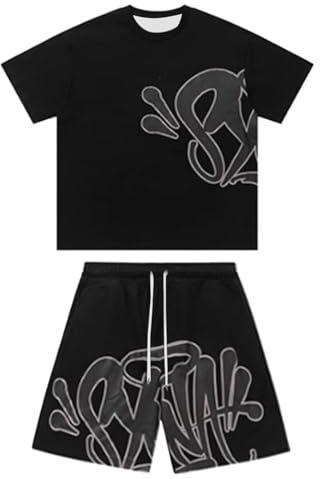 Generisch SW Trainingsanzug Herren T-Shirt und Shorts Set, Sommer Baggy Zweiteiliger Tracksuit Y2K Hip Hop Streetwear Outfits Sportanzug