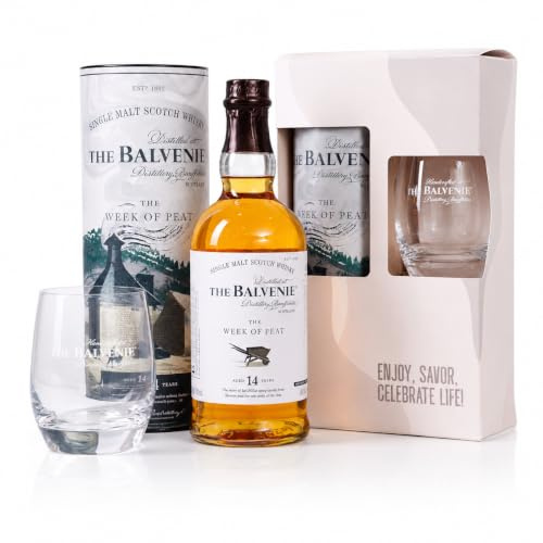 BALVENIE 14 Year Old The Week of Peat Single Malt Scotch Whisky Gift Set | Whisky Gift Pack with Branded Glass & Presentation Tube | Peated Speyside Single Malt Whisky | 70cl | 48.3% ABV