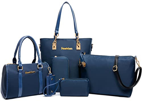 FiveloveTwo Mujeres Damas Juego de 6 Piezas Bolsos Bandolera Mochila Totes Shoppers y Bolso de Hombro Cuero de PU Carteras de Mano y Clutches Azul