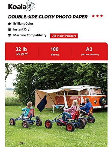 KOALA Double Sided Glossy Inkjet Photo Paper A3, 120gsm, 100 Sheets for Inkjet Printers. Suitable for Printing Photos, Brochures, Covers, Certificates, Booklets, Flyers, Leaflets, Cards, Calendars