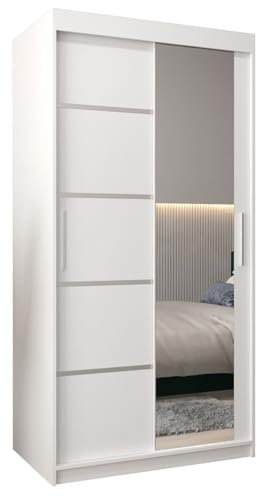 MEBLE KRYSPOL Kleiderschrank mit Spiegel Verona 2 - Garderobenschrank - Schrank Schlafzimmer - Mehrzweckschrank Zwei Schiebetüren - Regalen - Flur Möbel - Kleiderstange Schrank - Allzweckschrank