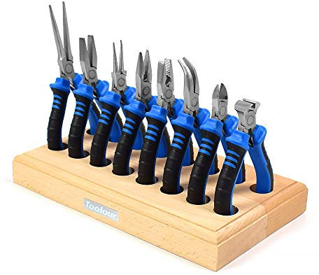 8 Piece Mini Pliers Set Professional with Wood Rack, Includes Wire Cutters, Diagonal Pliers, End Cutters and Bent Flat Round Needle Long Nose Pliers for DIY Crafting Jewelry Making