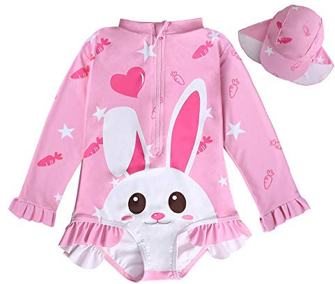 Bañador para niña, bañador de Manga Larga Protección Solar UV: bañador para bebés adorables de Color Rosa con Cachorros para niños de 4 a 5 años