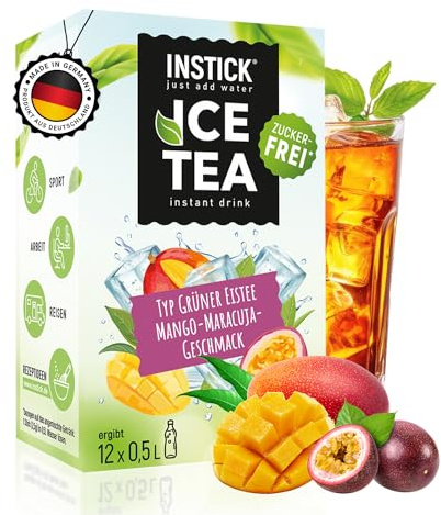 INSTICK Eistee Getränkepulver – Mango & Maracuja 12 Sticks je 0,5–1L – Zuckerfreies Erfrischungsgetränk mit Vitamin C & Grüntee-Extrakt – Für bis zu 12L Wasser mit Geschmack