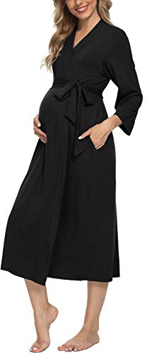 Xpenyo Damen Umstands-Nachtwäsche, Wehen/Geburt/Stillen/Krankenhaus-Nachthemd, Kimono, Langer Bademantel, Schwangerschafts-Loungewear, Schwarz, Large