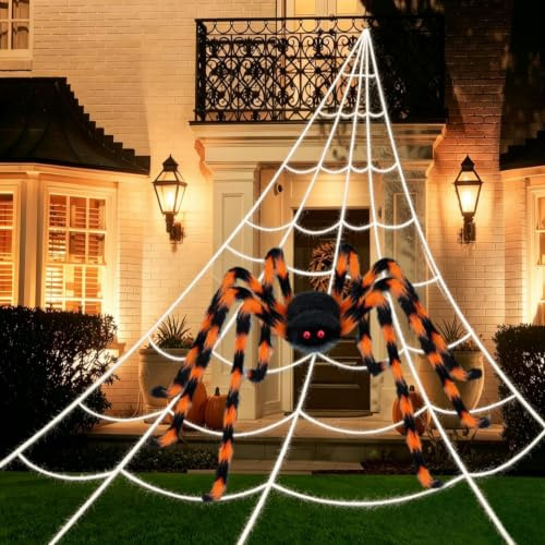PUHPIG 200 Halloween Spider Web + 59 Giant Spider Decorations, Triangular Huge Spiders Web and Hairy Scary Fake Spider, for Indoor Outdoor Porch Yard, Scary Haunted House Party, and Halloween Décor